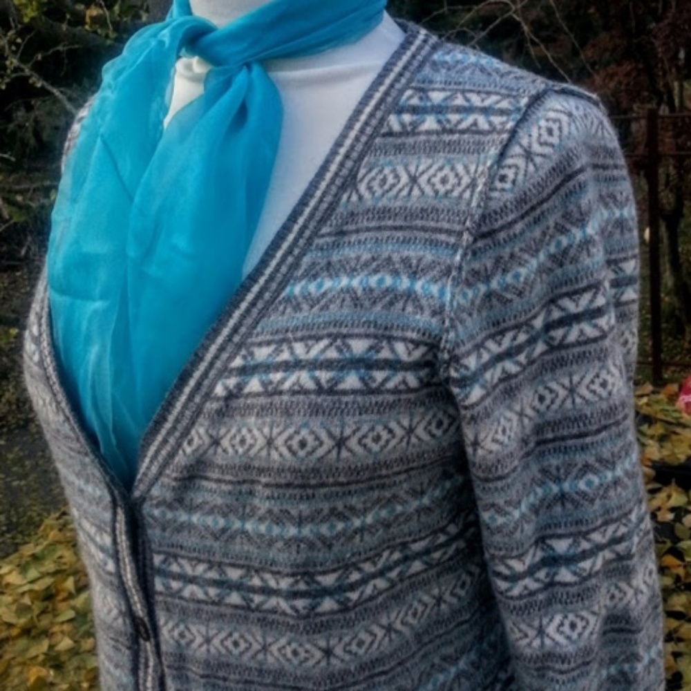 Telluride Clothing Co. Nordic style blue gray cream button-up Cardigan sweater